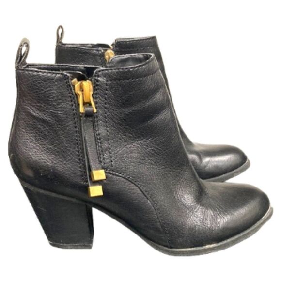 Franco Sarto Black Heeled Almond Toe Double Sided Gold Zipper Diana Bootie - Picture 1 of 12